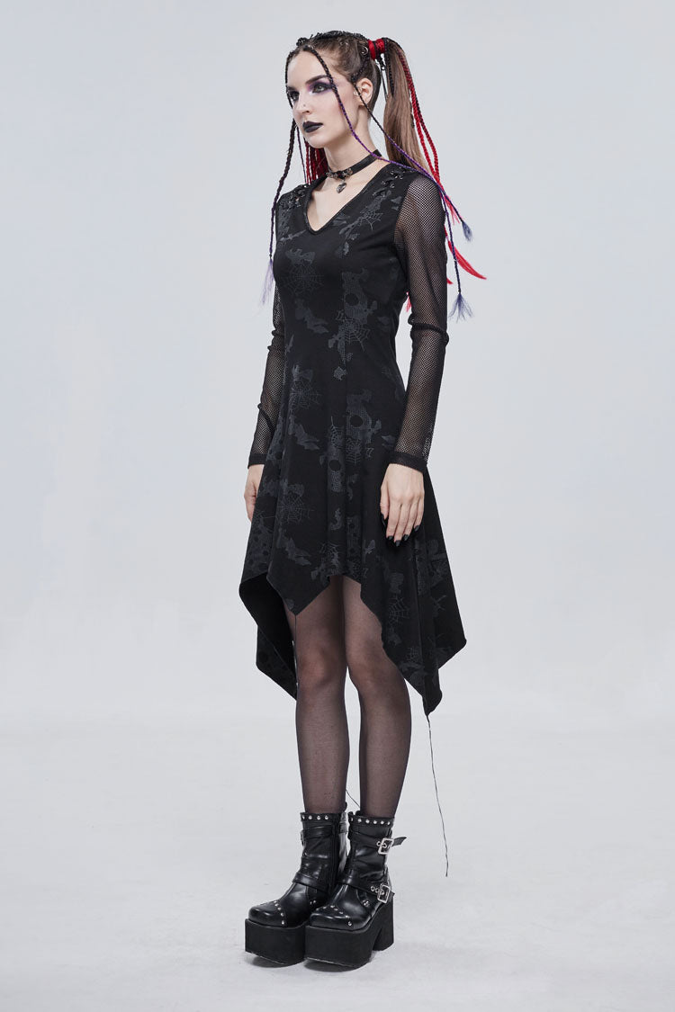 Black Shoulder Cutout Tie Rope V Neck Pattern Print Decorative Women's Gothic Dress - Product - 3
