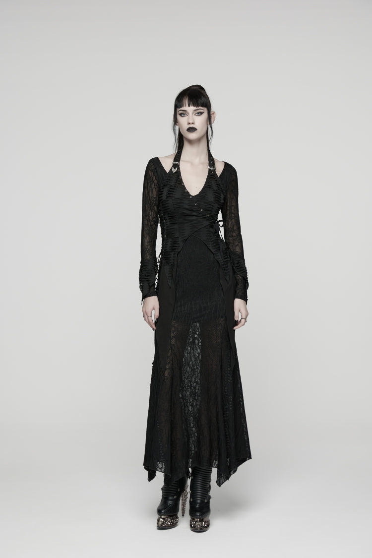 Black Off Shoulder Halterneck Long Trumpet Sleeves Hanayome Lace Lace-Up Women's Punk Dress - Black - 1