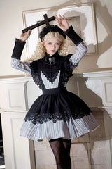 Light Grey [Nocturne] Vertical Stripes Print Ruffle Bowknot Lace Gothic Lolita Dress 2 Versions - Product - 9