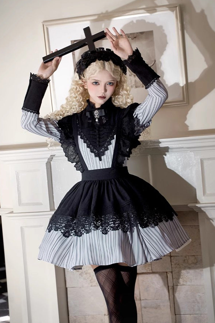 Light Grey [Nocturne] Vertical Stripes Print Ruffle Bowknot Lace Gothic Lolita Dress 2 Versions - Product - 9