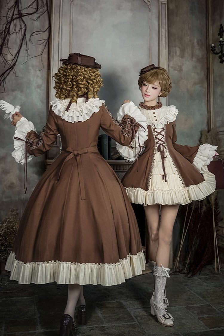 Brown/Beige [Nutcracker] Stand Collar Long Trumpet Sleeves Ruffle Cardigan Bowknot Lace-Up Sweet Lolita Dress Set 2 Versions - Product - 14