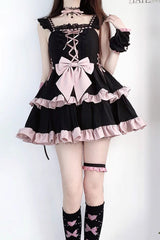Black/Pink Double Layer Ruffle Bowknot Lace-Up Sweet Princess Lolita Jsk Dress - Product - 4