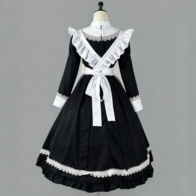 Blue and White Ruffled Maid Lolita Dress with Apron and Bow Accent - view 5