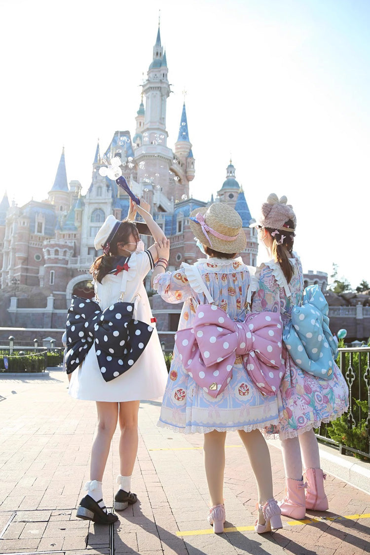 Pink/Black Polka Dot Print Bowknot Shaped Sweet Lolita Backpack - Product - 11