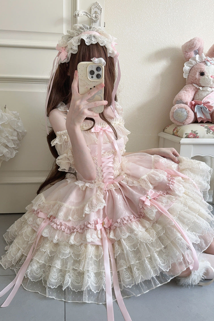 Pink [Ribbon Heart Love] Sleeveless Multi-Layered Ruffle Bowknot Lace Lace-Up Sweet Princess Ballet Lolita Jsk Dress - Product - 8