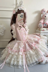 Pink [Ribbon Heart Love] Sleeveless Multi-Layered Ruffle Bowknot Lace Lace-Up Sweet Princess Ballet Lolita Jsk Dress - Product - 8