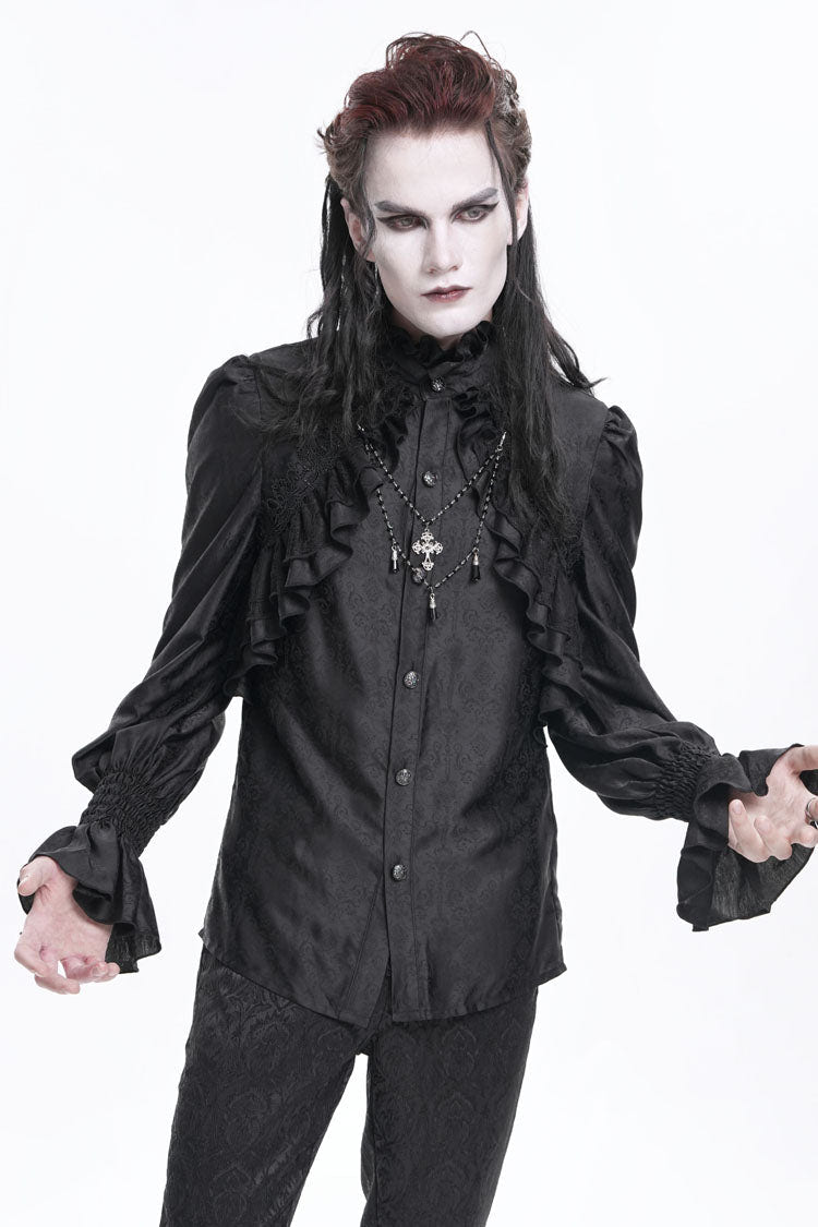Black Stand Collar Long Sleeves Ruffle Lace Cross Men's Gothic Blouse - Product - 2
