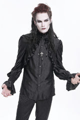 Black Stand Collar Long Sleeves Ruffle Lace Cross Men's Gothic Blouse - Product - 2