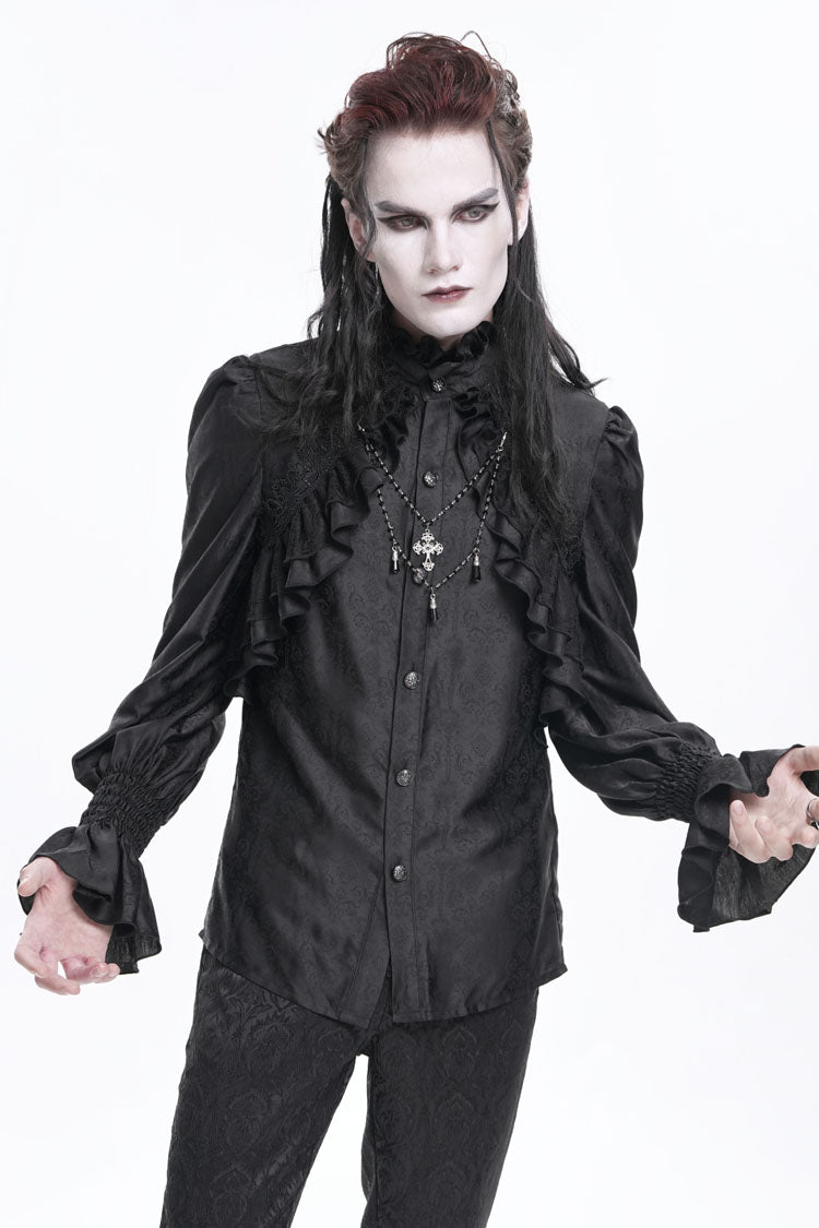 Black Stand Collar Long Sleeves Ruffle Lace Cross Men's Gothic Blouse - Product - 2