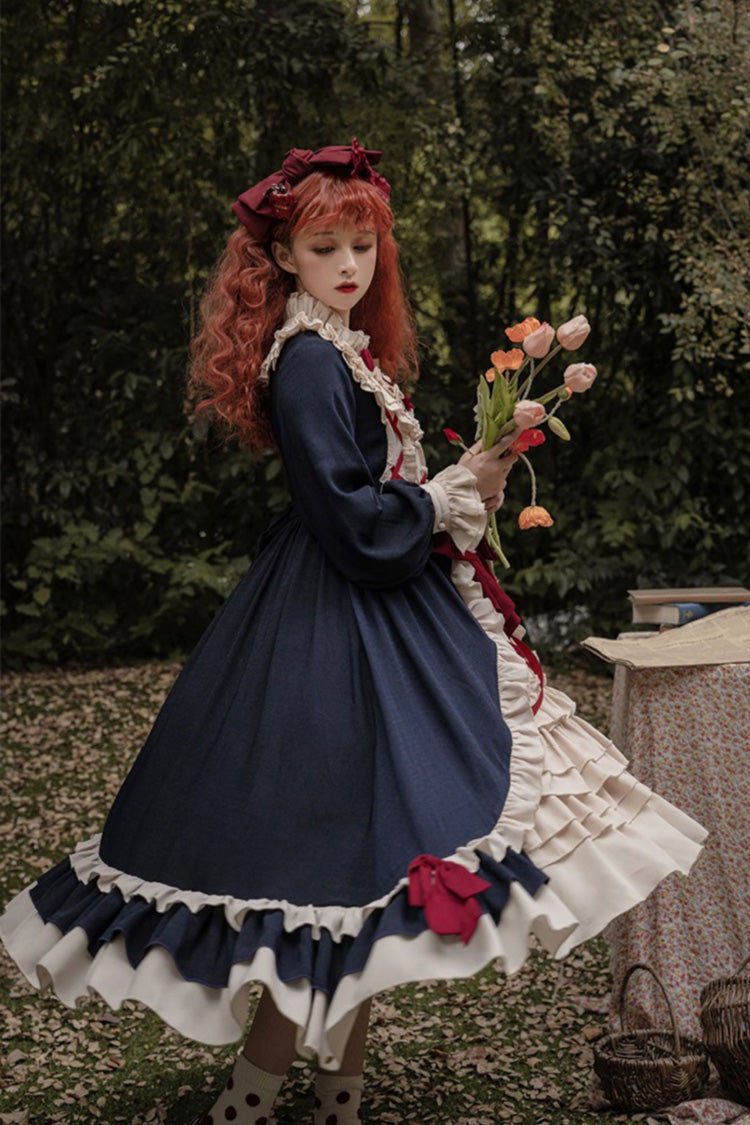 Blue Round Collar Bowknot Long Sleeves Multi-Layer Ruffled Sweet Lolita OP Dress (Plus Size Version) - Product - 4