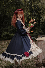 Blue Round Collar Bowknot Long Sleeves Multi-Layer Ruffled Sweet Lolita OP Dress - Product - 4