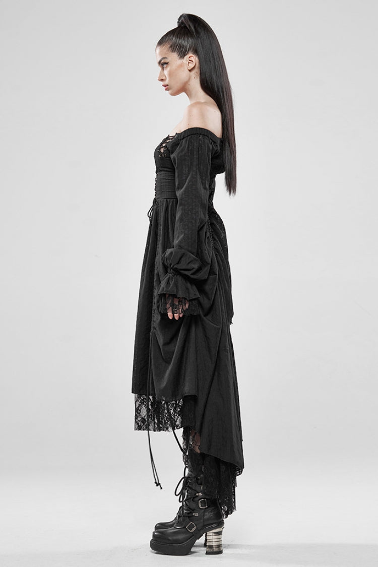 Black Off Shoulder Long Puff Sleeves Ruffle Mesh Women's Gothic Dress - Product - 2