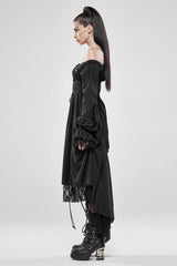 Black Off Shoulder Long Puff Sleeves Ruffle Mesh Women's Gothic Dress - Product - 2