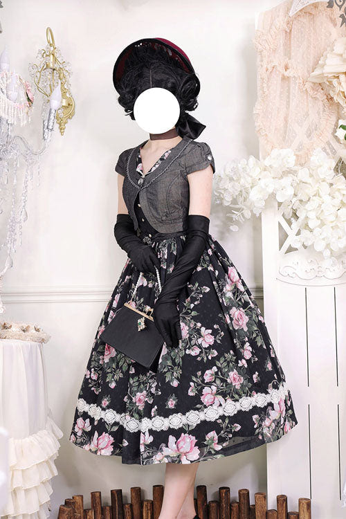 Black Elegant Vintage French Rose Floral Print V Collar Sleeveless Ruffled Classic Lolita JSK Dress - Product - 5