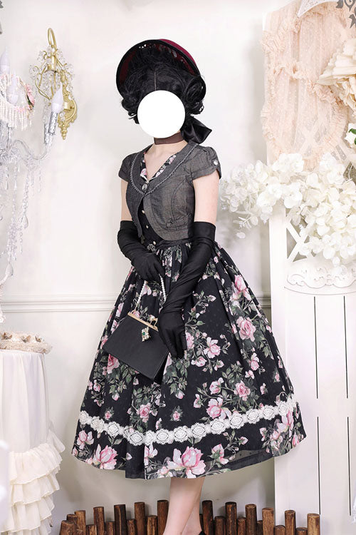 Black Elegant Vintage French Rose Floral Print V Collar Sleeveless Ruffled Classic Lolita JSK Dress - Product - 5