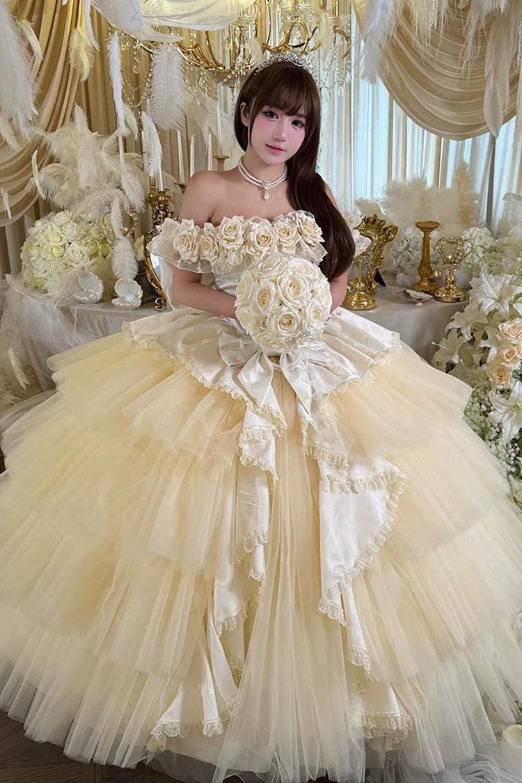 Apricot [Heart’s Beloved Rose] Sleeveless Ruffled Hanayome Bow Lace Lace-Up Sweet Lolita Jsk long Dress - Product - 2