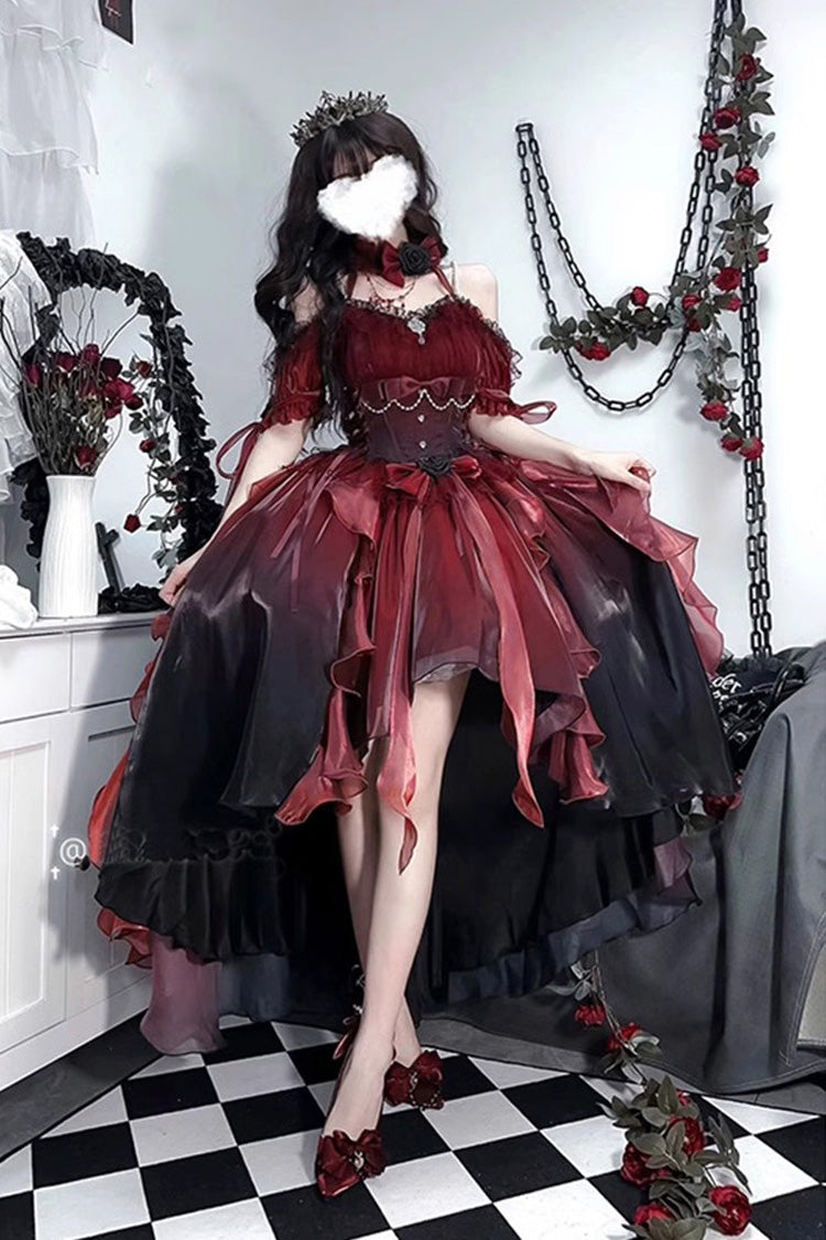 Red/Black Bowknot Irregular Gothic Princess Lolita Jsk Dress - Product - 3