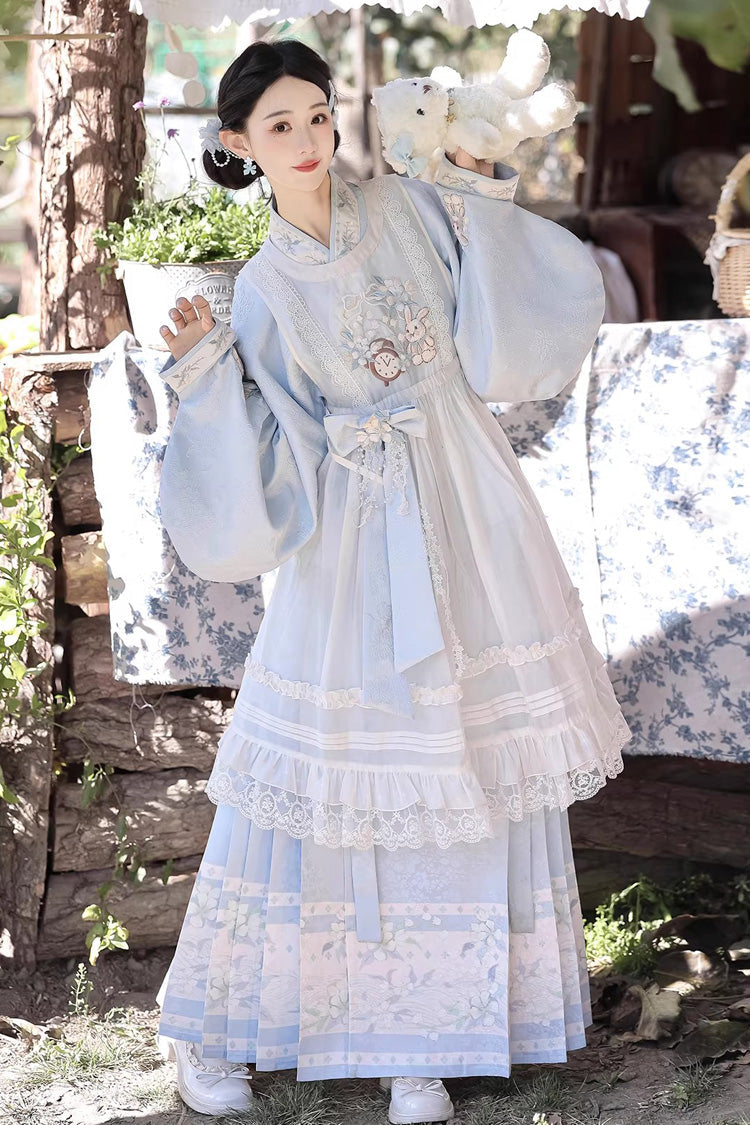 Light Blue [Alice in the Illusion] Stand Collar Pastoral-StylePrinted Bow Lace Chinese Style Vintage Lolita Ma Mian Skirt Set - Product - 9