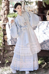 Light Blue [Alice in the Illusion] Stand Collar Pastoral-StylePrinted Bow Lace Chinese Style Vintage Lolita Ma Mian Skirt Set - Product - 9