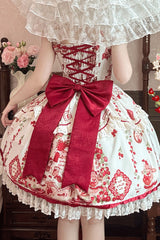 Ivory/Red [Strawberry Bear] Sleeveless Print Ruffle Embroidery Bowknot Lace Sweet Lolita Jsk Dress - Product - 7
