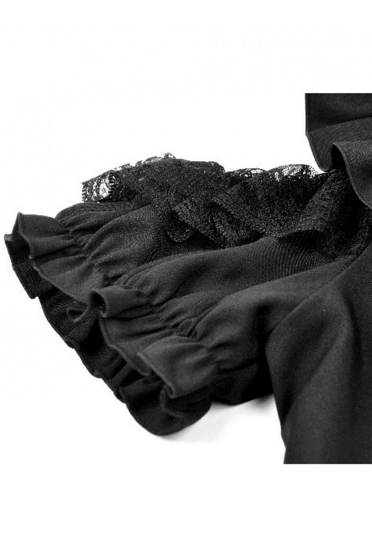 Black Mandarin Collar Cold‑Shoulder Puff Sleeves Ruffled Cut-Out Lace-Up Women's Gothic Blouse - Product - 13