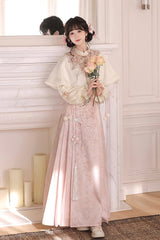 Pink [Cherry Blossoms Falling] Stand Collar Long Sleeves High Waisted Jacquard Printed Women's Sweet Hanfu Dress Set - Product - 6