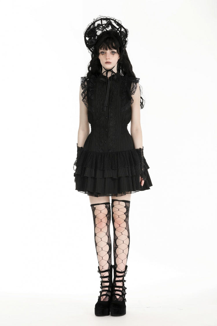 Black Lace Ruffled Stand Collar Bow Sleeveless Triple-Layered Hem Women's Gothic Dress - Product - 5