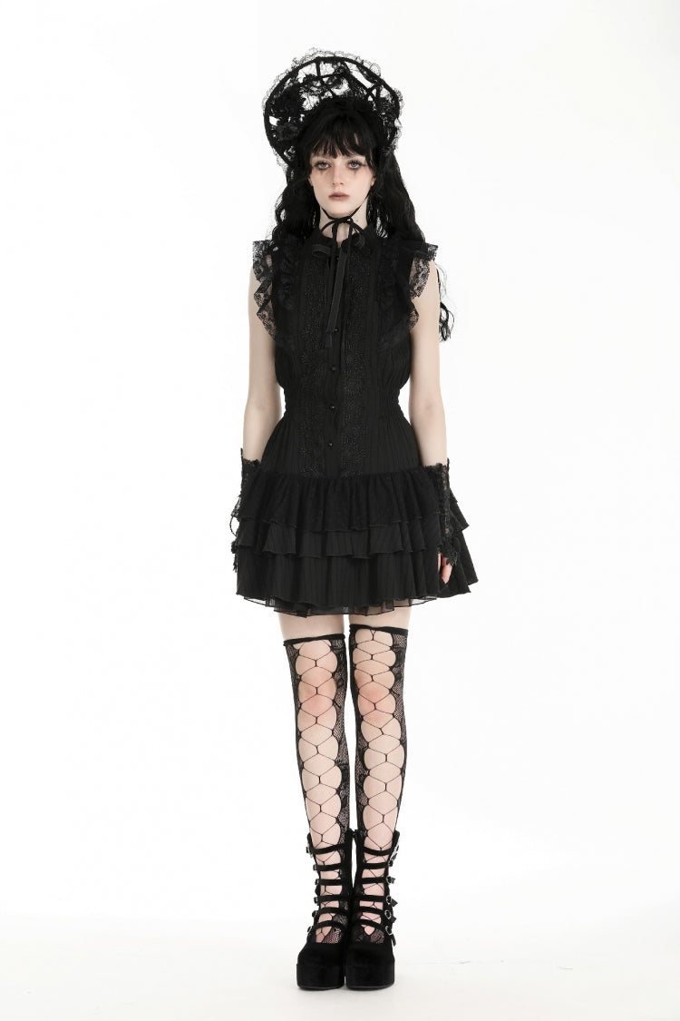 Black Lace Ruffled Stand Collar Bow Sleeveless Triple-Layered Hem Women's Gothic Dress - Product - 5