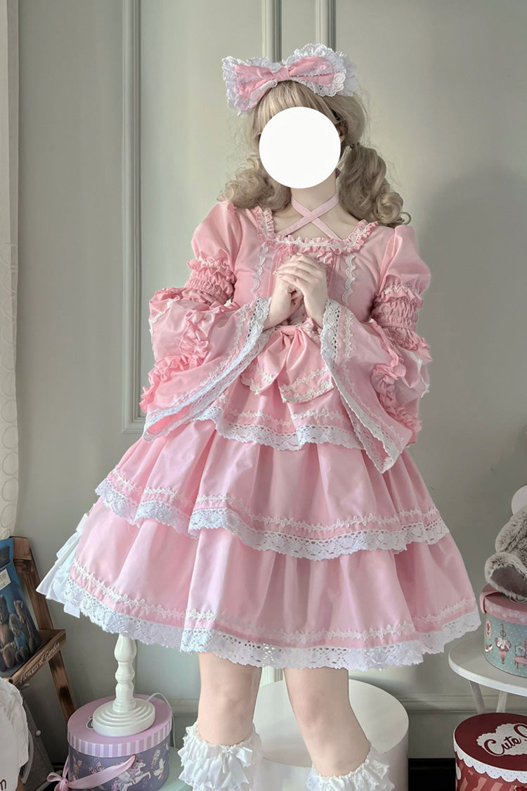 Pink Triple-Layered Detachable Sleeves Bowknot Lace-Up Sweet Lolita Dress - Product - 5