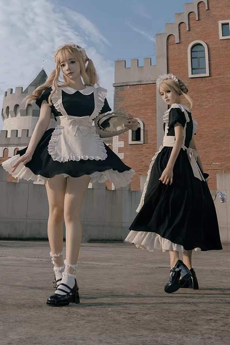 Black/White Round Collar Short Sleeves Ruffled Bow Sweet Elegant Lolita Maid Dress 2 Versions - Product - 2