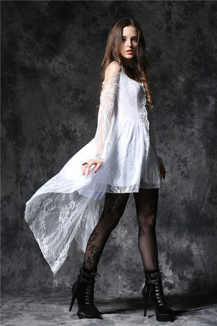 White Square Collar Sleeveless Overlay Embroidered Lace Women's Gothic Dress - Product - 5