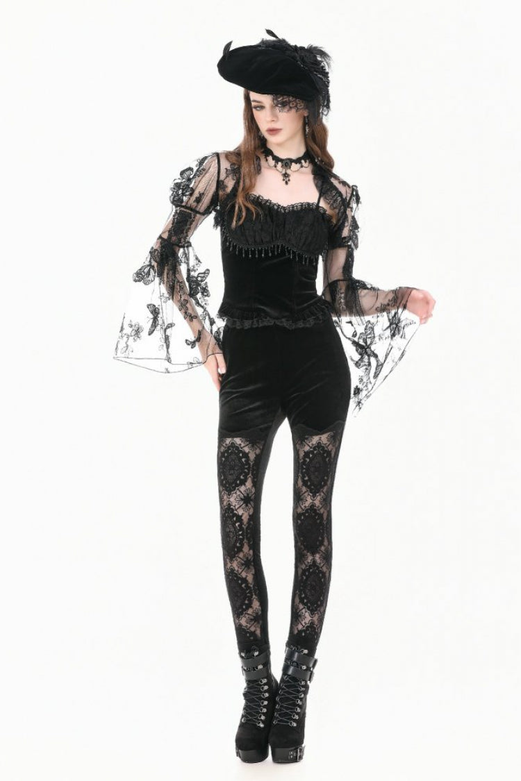 Black Women's Gothic Retro Embroidered Sheer Lace Patchwork Slim Leggings - Product - 10