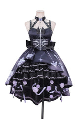 Black [Feast of Bones] Halterneck Multi-Layered Print Ruffle Lace Gothic Elegant Lolita Jsk Dress - Product - 3