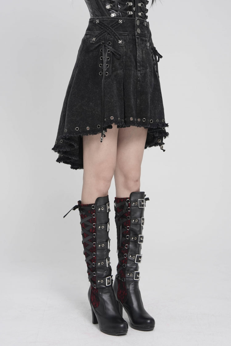 Black Lace-Up Pleated Eyelet Women's Punk Skirt - Product - 2