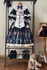 Dark Blue [The Witch’s Banquet] Round Collar Short Sleeves Printed Ruffled Embroidered Bow Lace Sweet Lolita Jsk Dress - Product - 3