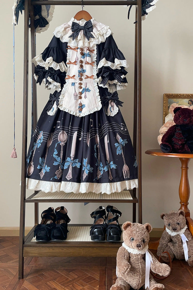 Dark Blue [The Witch’s Banquet] Round Collar Short Sleeves Printed Ruffled Embroidered Bow Lace Sweet Lolita Jsk Dress - Product - 3