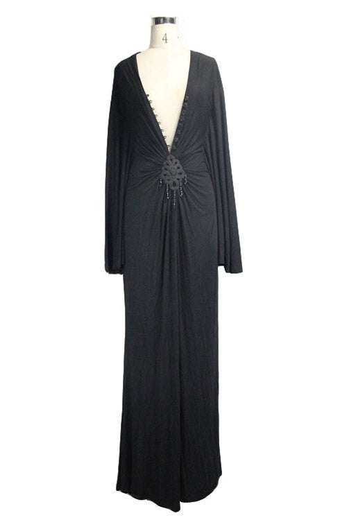 Black Frog Button Sexy Bat Sleeve Deep V Neck Gothic Womens Dress - Product - 5