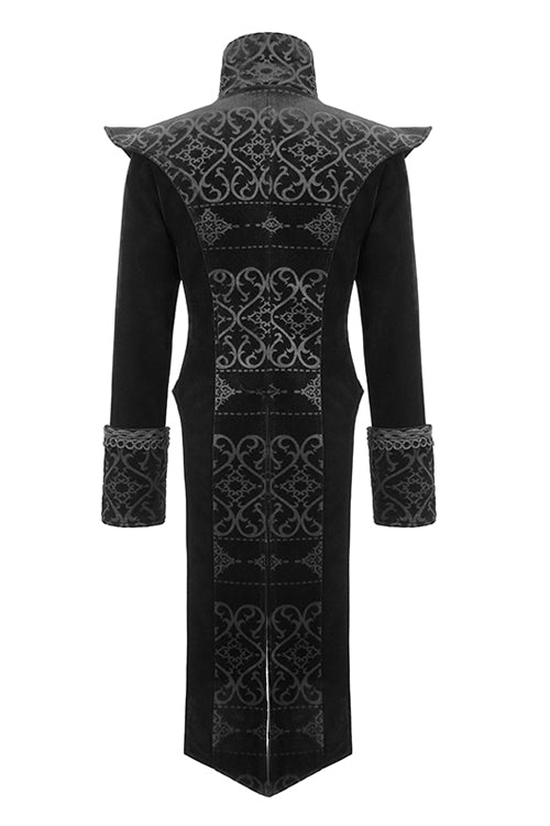 Black High Collar Chinese Palace Floral Pattern Velvet Long Mens Gothic Coat - Product - 6