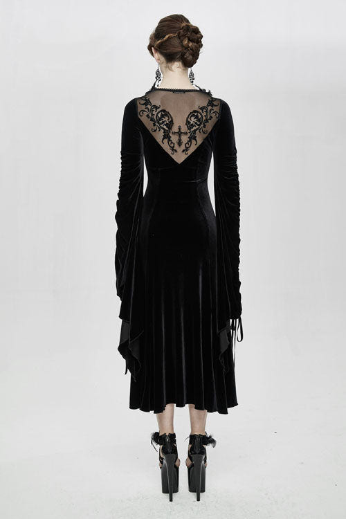 Black Flocking Pattern Trumpet Sleeve Sexy Womens Gothic Fitted Velvet Dress - Product - 5