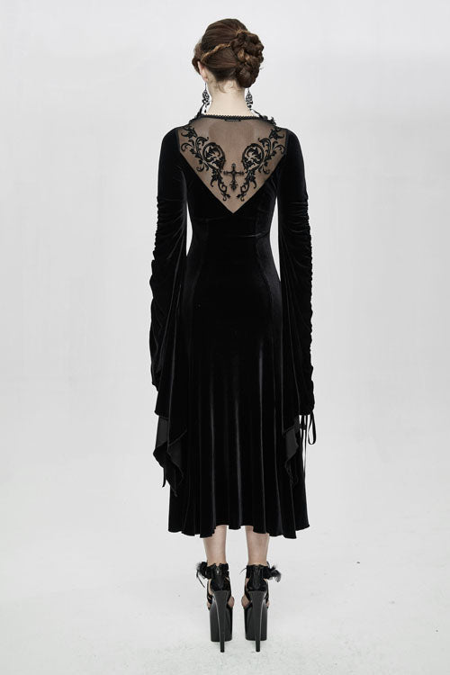 Black Flocking Pattern Trumpet Sleeve Sexy Womens Gothic Fitted Velvet Dress - Product - 5