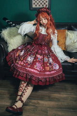Red [Little Witch] Sleeveless Print Ruffle Bowknot Sweet Elegant Lolita Jsk Dress - Product - 5
