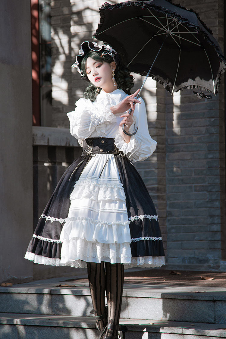 White/Black Stitching Cardigan Ruffled Multi-Layer Gothic Lolita Skirt Dress - Product - 2
