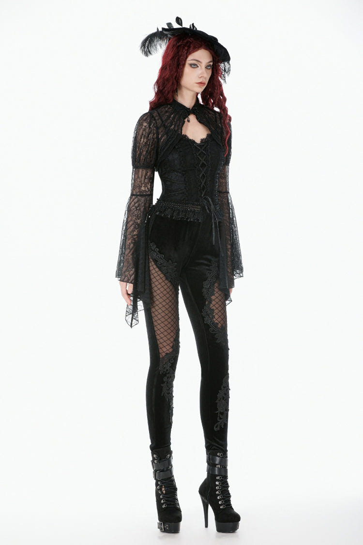 Black Women's Gothic Floral Decal Fishnet Mesh Patchwork Velvet Leggings - Product - 2