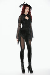 Black Women's Gothic Floral Decal Fishnet Mesh Patchwork Velvet Leggings - Product - 2