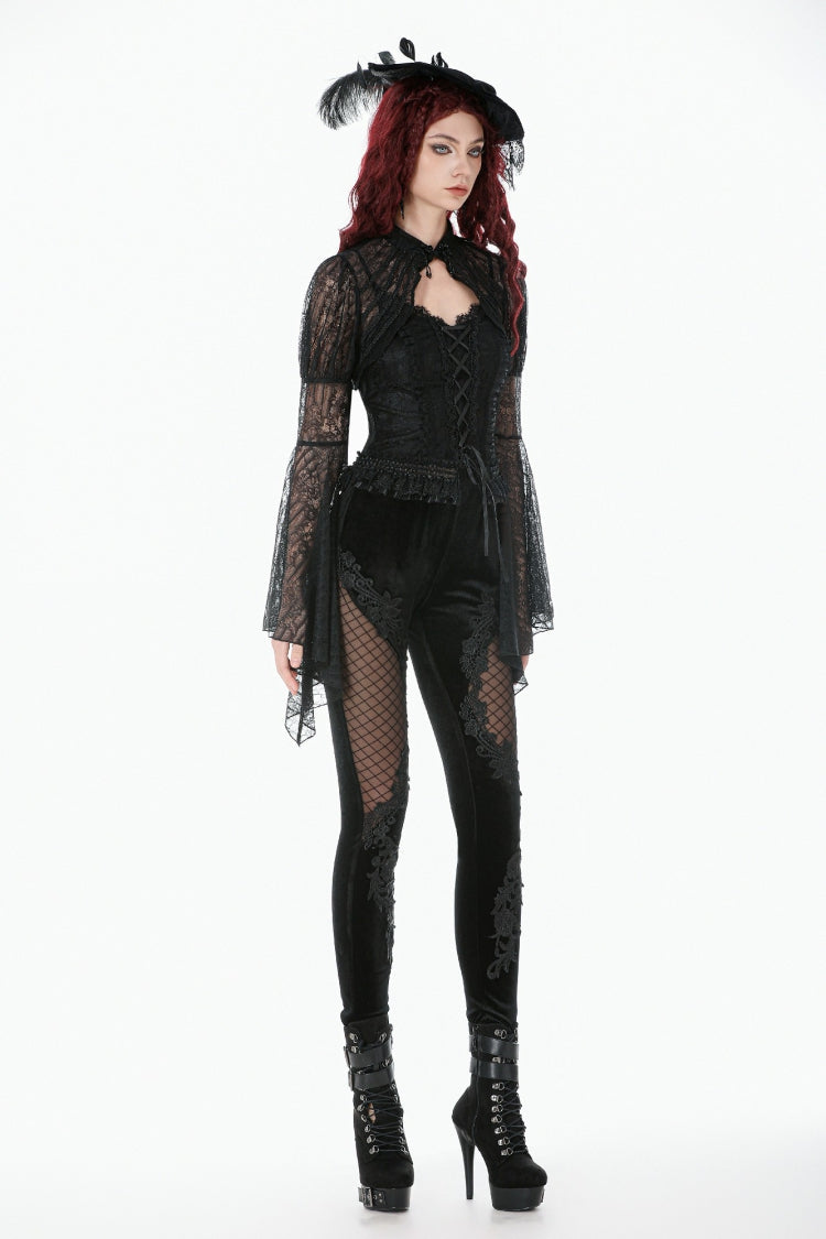 Black Women's Gothic Floral Decal Fishnet Mesh Patchwork Velvet Leggings - Product - 2