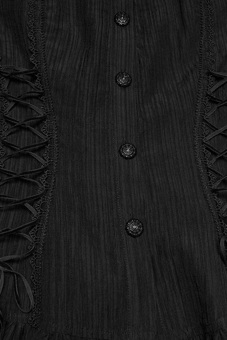 Black Stand Collar Short Puff Sleeves Ruffled Lace-Up Women's Gothic Blouse - Product - 7