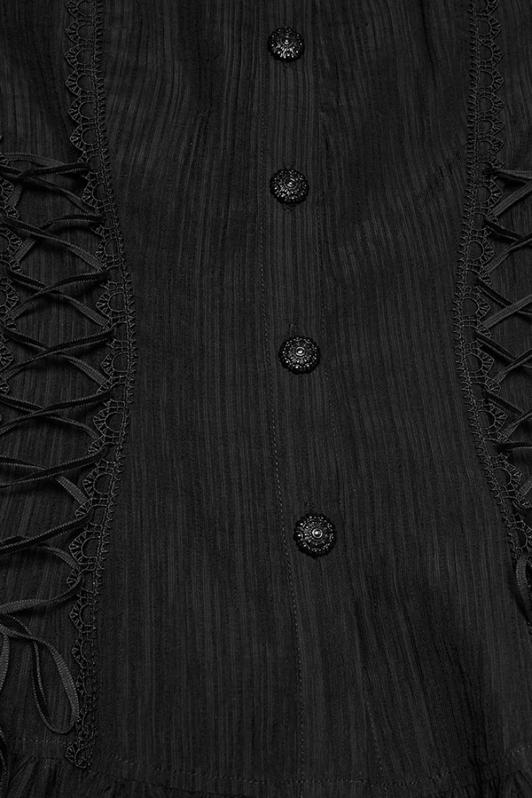 Black Stand Collar Short Puff Sleeves Ruffled Lace-Up Women's Gothic Blouse - Product - 7