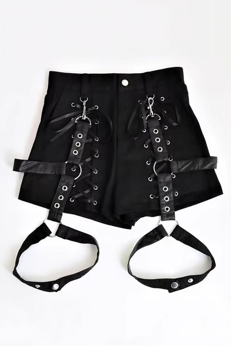 Black Gothic Jirai Kei Japanese Detachable Belted Shorts with Leg Harness Straps - Product - 3