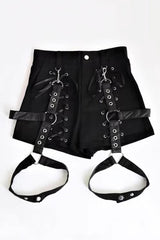 Black Gothic Jirai Kei Japanese Detachable Belted Shorts with Leg Harness Straps - Product - 3