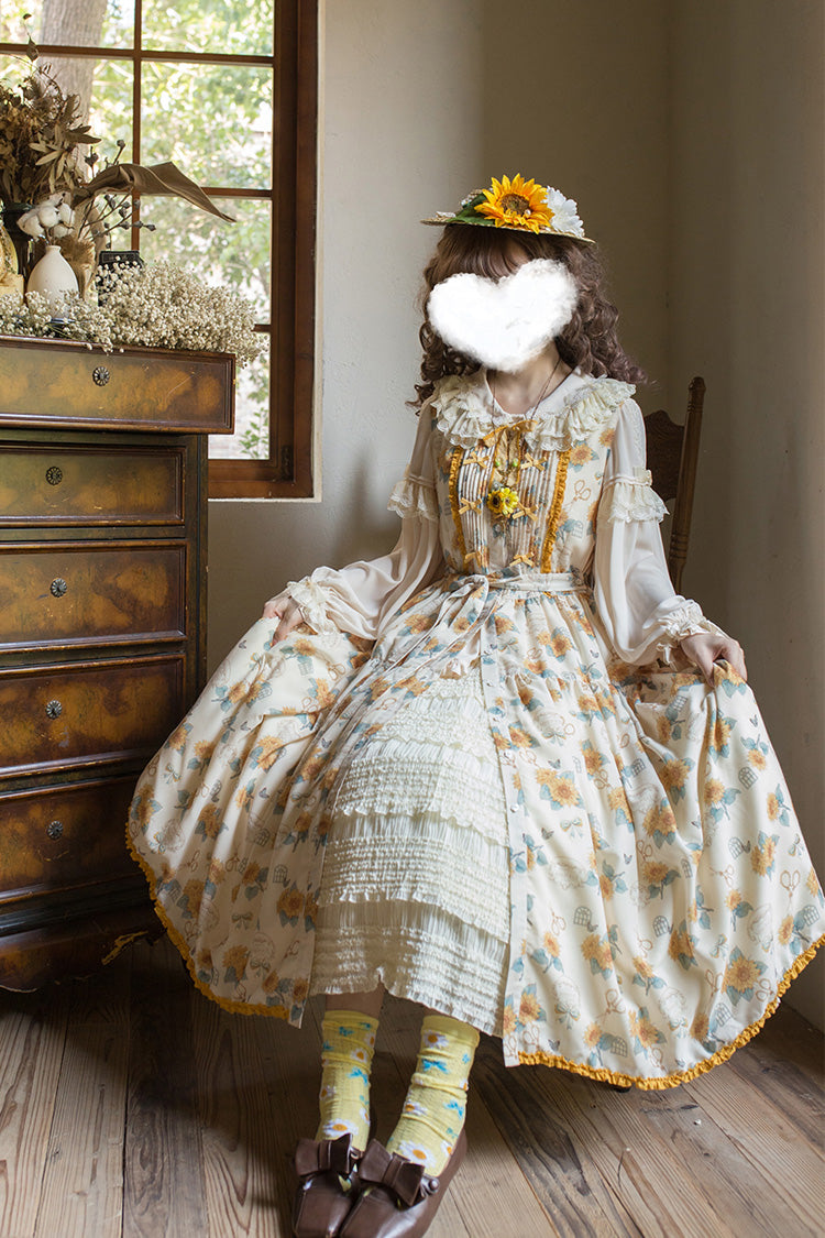 Apricot [Gardening Sunflower] Sleeveless Print Ruffle Bowknot Sweet Elegant Lolita Jsk Dress - Product - 5